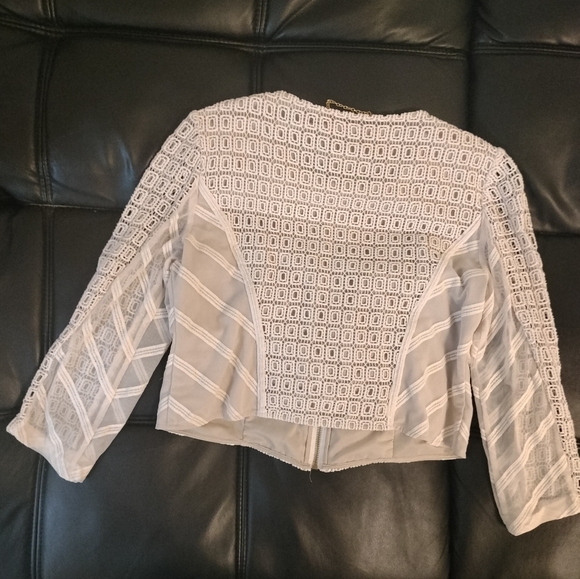 Crochet Lace Sheer Mesh Zip-Up Jacket White Ivory Boho Romantic Barely Worn - Picture 7 of 14